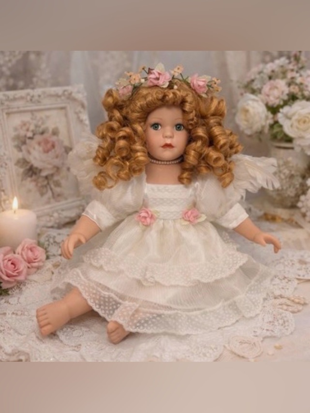 Vintage Baby's Dream NIB Sitting Porcelain Angel Doll w/ Floral Crown